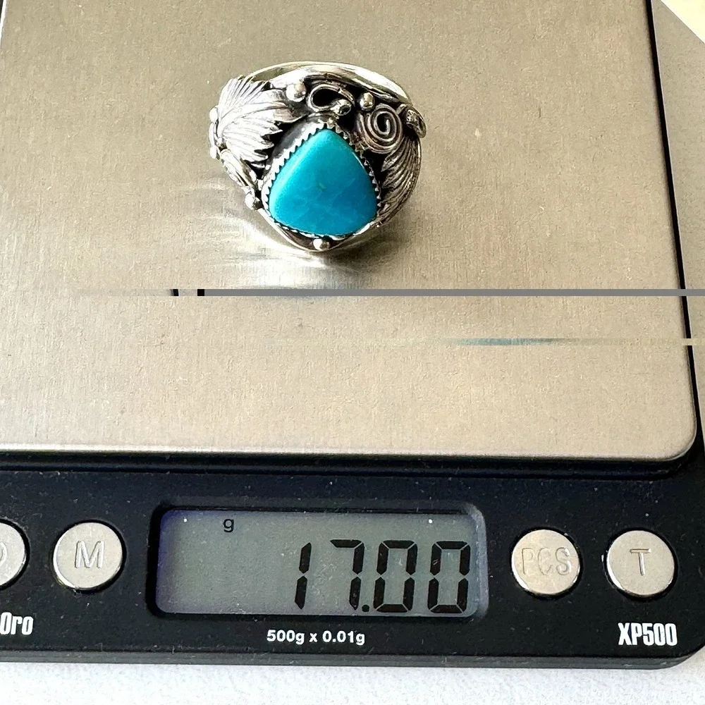 Navajo Turquoise Mens Ring Sz 14 Leaf Feather Signed Morgan Sterling Native Amer